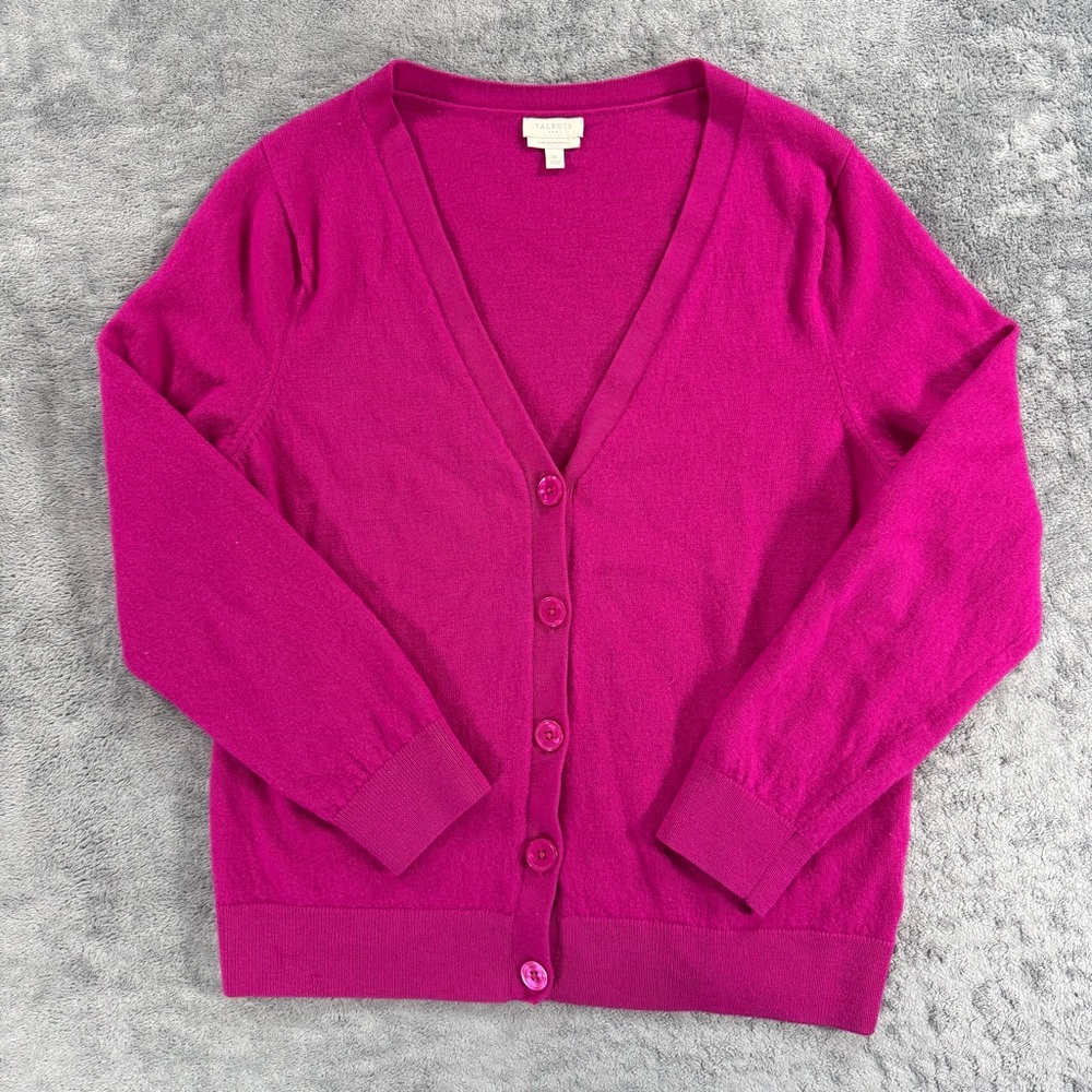 Talbots Pure Merino Wool V-Neck Button Front Cardigan XL Magenta Pink